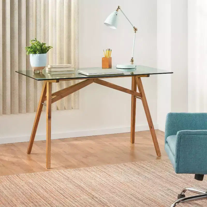 Bureau Aviary Mid-Century Modern en verre et bois d'acacia, naturel/vert