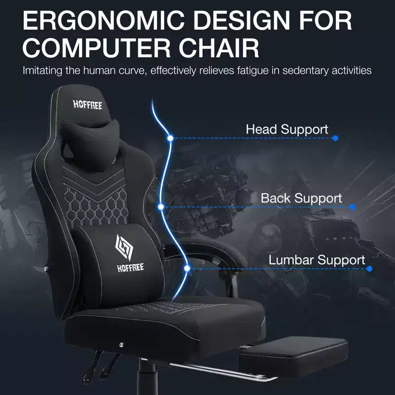 Fauteuil de Gamer de Massage en Tissu Respirant, Chaise de Bureau Ergonomique pour PC avec Repose-pieds et Support Lombaire Réglable