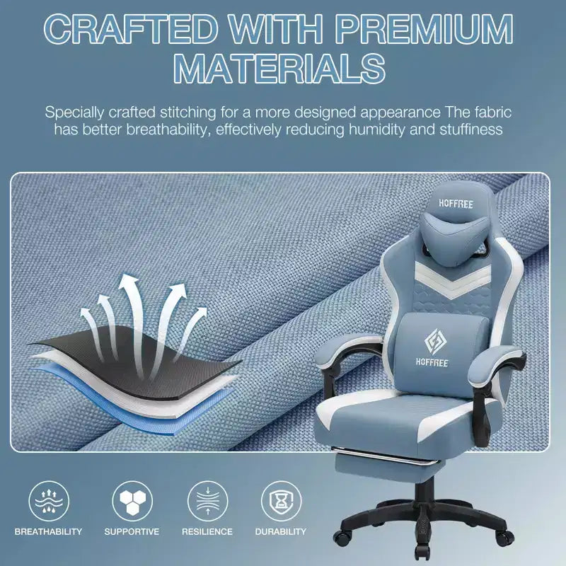 Fauteuil de Gamer de Massage en Tissu Respirant, Chaise de Bureau Ergonomique pour PC avec Repose-pieds et Support Lombaire Réglable
