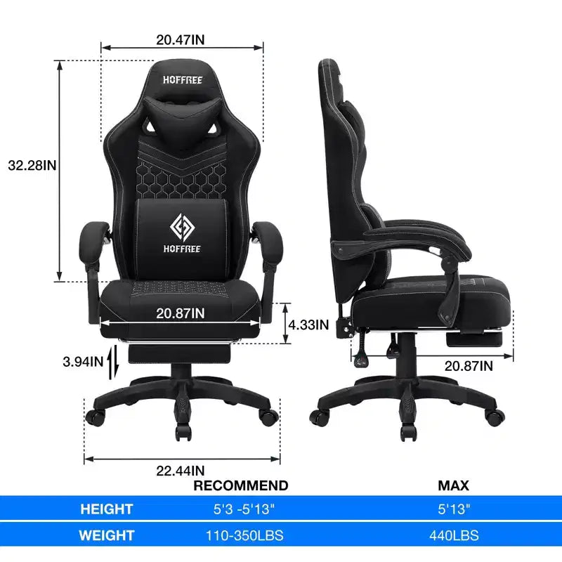Fauteuil de Gamer de Massage en Tissu Respirant, Chaise de Bureau Ergonomique pour PC avec Repose-pieds et Support Lombaire Réglable