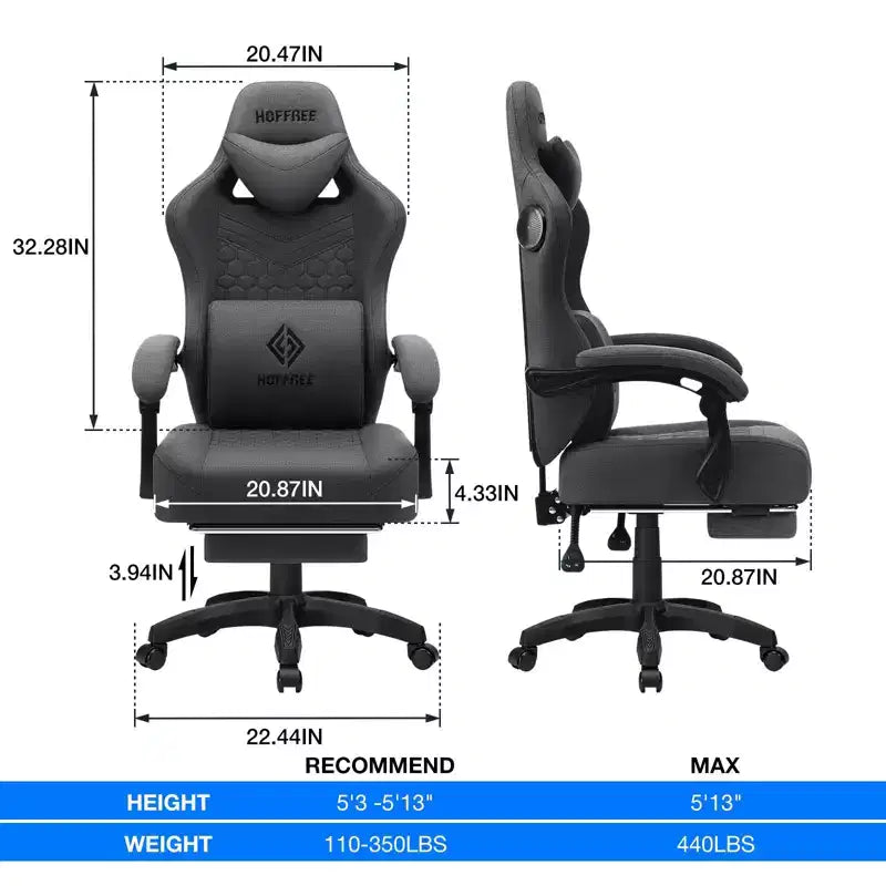 Fauteuil de Gamer de Massage en Tissu Respirant, Chaise de Bureau Ergonomique pour PC avec Repose-pieds et Support Lombaire Réglable