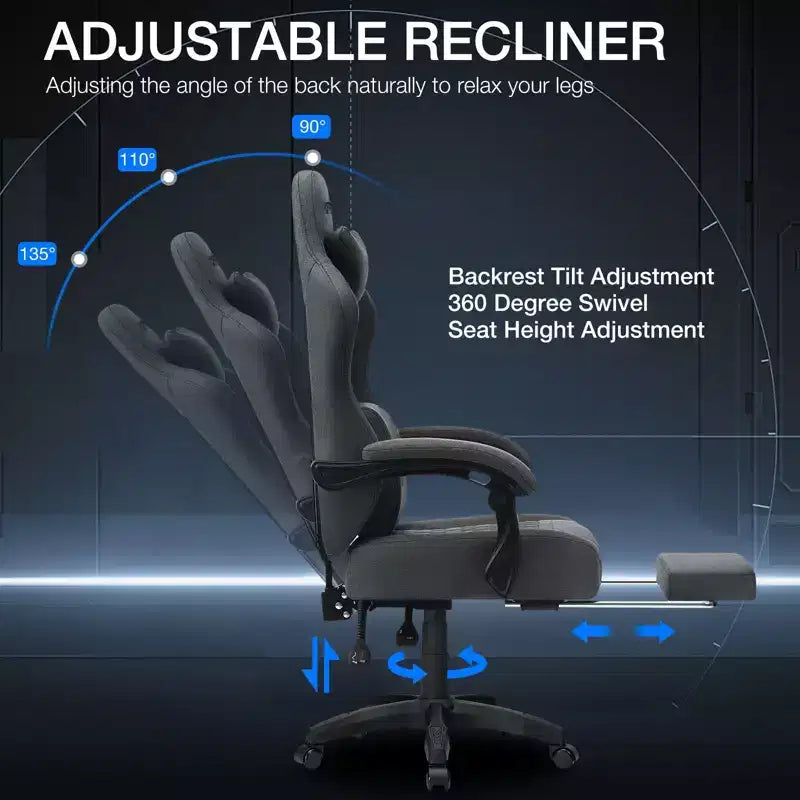 Fauteuil de Gamer de Massage en Tissu Respirant, Chaise de Bureau Ergonomique pour PC avec Repose-pieds et Support Lombaire Réglable
