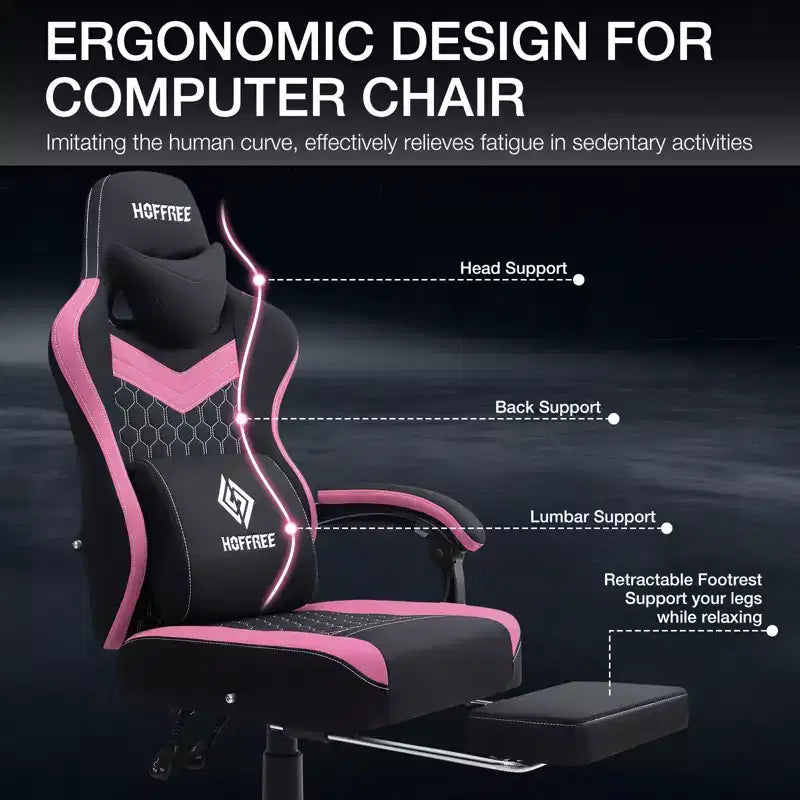 Fauteuil de Gamer de Massage en Tissu Respirant, Chaise de Bureau Ergonomique pour PC avec Repose-pieds et Support Lombaire Réglable