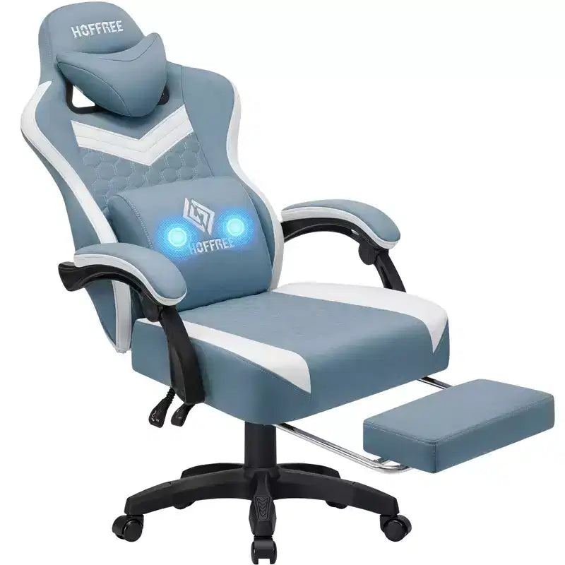 Fauteuil de Gamer de Massage en Tissu Respirant, Chaise de Bureau Ergonomique pour PC avec Repose-pieds et Support Lombaire Réglable