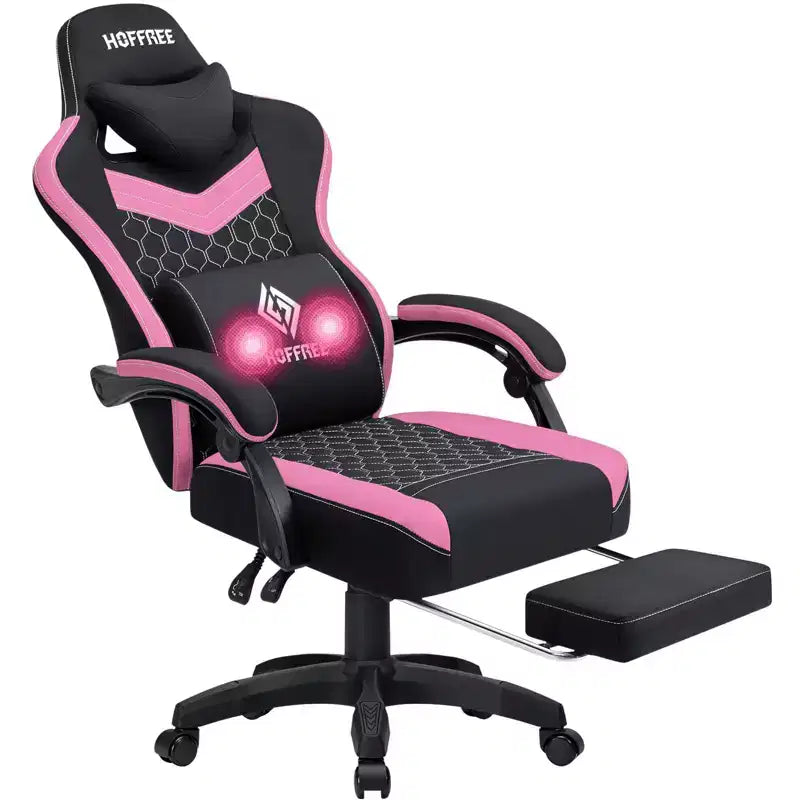 Fauteuil de Gamer de Massage en Tissu Respirant, Chaise de Bureau Ergonomique pour PC avec Repose-pieds et Support Lombaire Réglable
