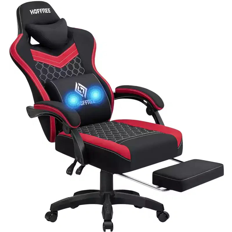 Fauteuil de Gamer de Massage en Tissu Respirant, Chaise de Bureau Ergonomique pour PC avec Repose-pieds et Support Lombaire Réglable