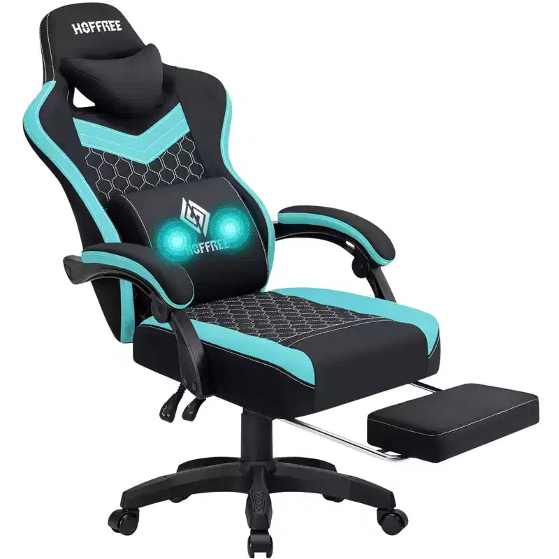 Fauteuil de Gamer de Massage en Tissu Respirant, Chaise de Bureau Ergonomique pour PC avec Repose-pieds et Support Lombaire Réglable