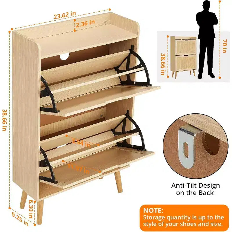 Étagère à chaussures/Meuble de rangement - Rangement à chaussures dissimulé avec 2 tiroirs basculants en rotin et conception anti-basculement, capacité de 12 à 15 paires