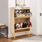 Étagère à chaussures/Meuble de rangement - Rangement à chaussures dissimulé avec 2 tiroirs basculants en rotin et conception anti-basculement, capacité de 12 à 15 paires