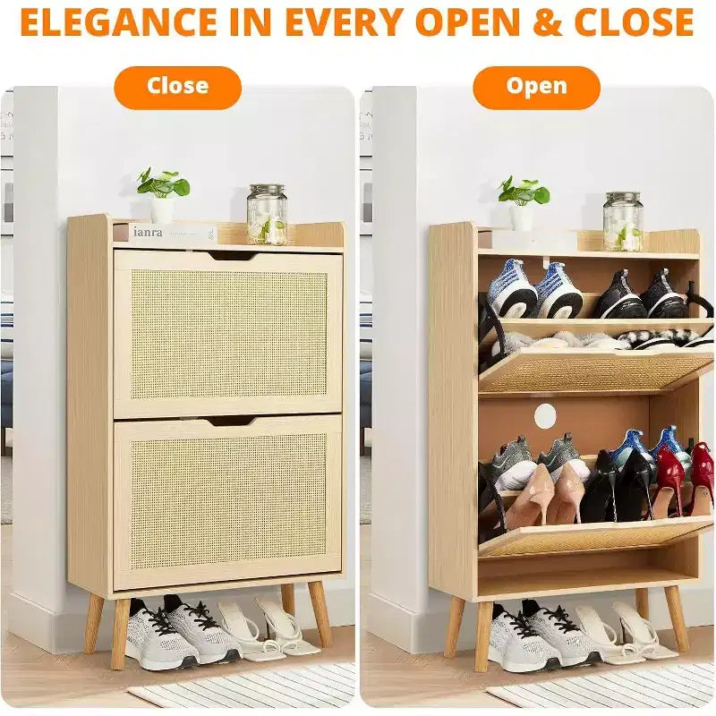 Étagère à chaussures/Meuble de rangement - Rangement à chaussures dissimulé avec 2 tiroirs basculants en rotin et conception anti-basculement, capacité de 12 à 15 paires