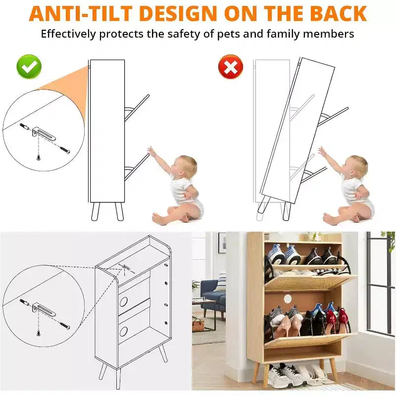 Étagère à chaussures/Meuble de rangement - Rangement à chaussures dissimulé avec 2 tiroirs basculants en rotin et conception anti-basculement, capacité de 12 à 15 paires