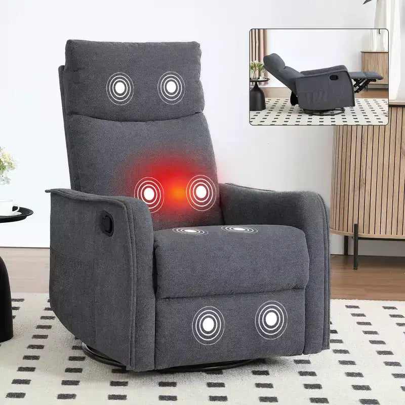 Fauteuil inclinable manuel massant et chauffant en tissu avec fonctions pivotante et basculante pour salon
