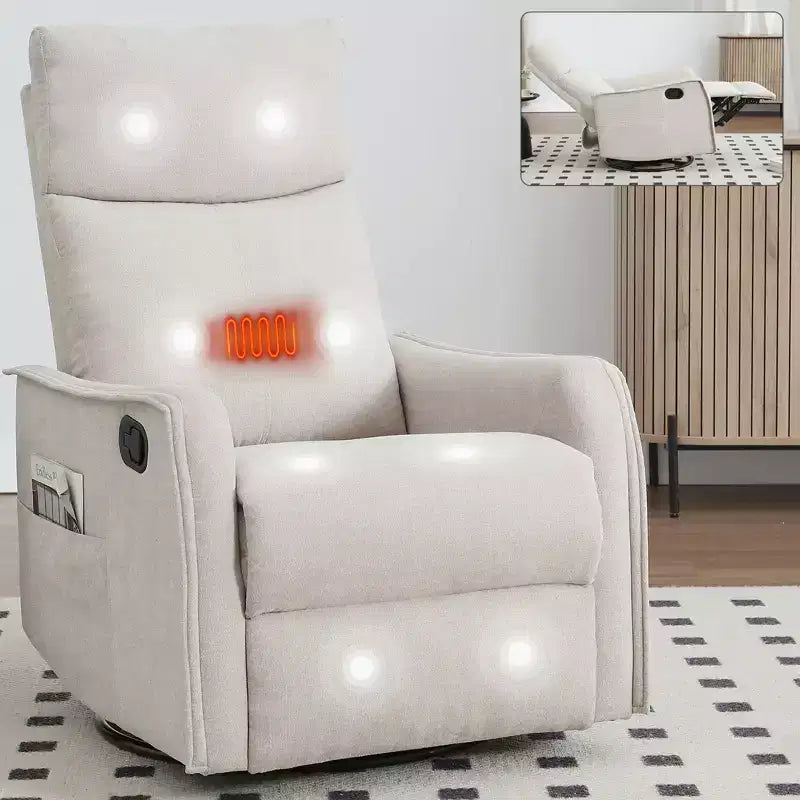 Fauteuil inclinable manuel massant et chauffant en tissu avec fonctions pivotante et basculante pour salon