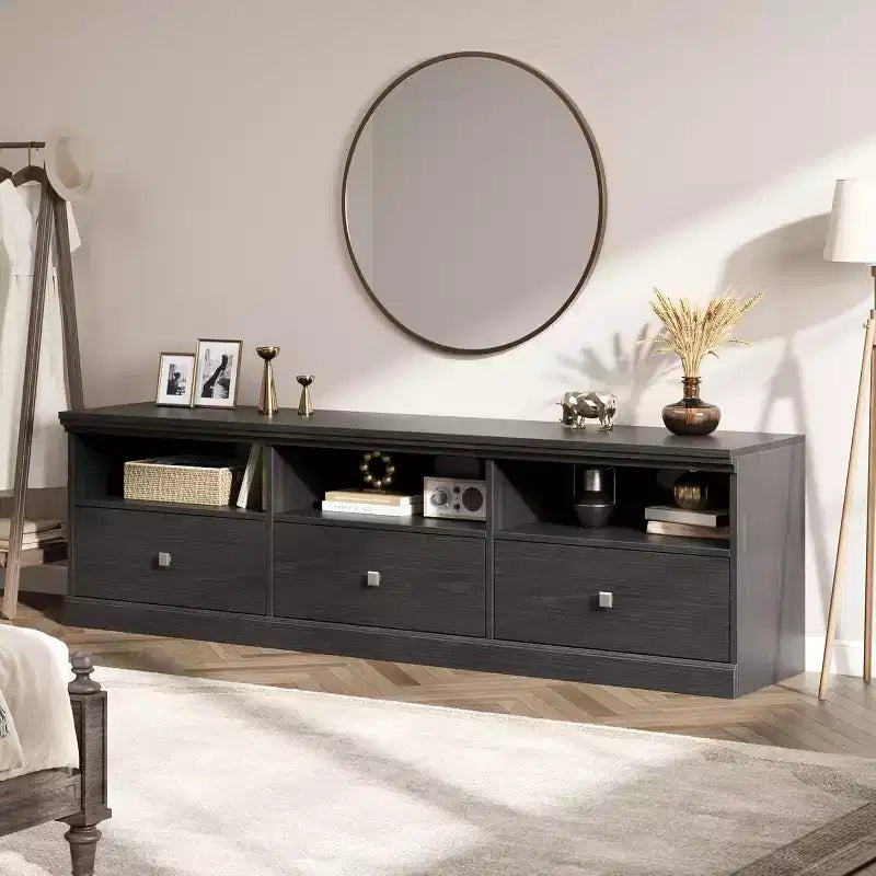 Meuble TV pour téléviseur 75 pouces, meuble de divertissement moderne du milieu du siècle avec tiroir de rangement, console multimédia en bois pour salon