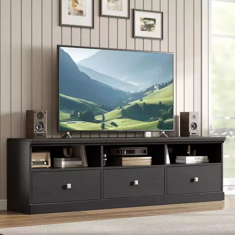 Meuble TV pour téléviseur 75 pouces, meuble de divertissement moderne du milieu du siècle avec tiroir de rangement, console multimédia en bois pour salon