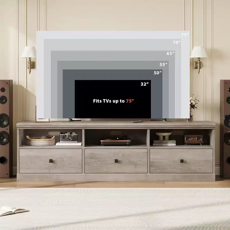 Meuble TV pour téléviseur 75 pouces, meuble de divertissement moderne du milieu du siècle avec tiroir de rangement, console multimédia en bois pour salon