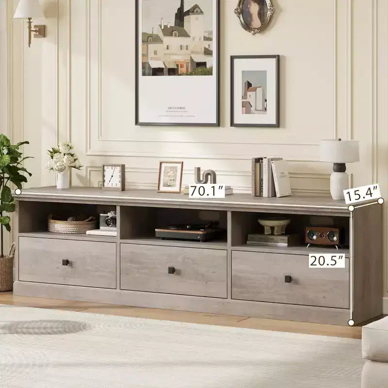 Meuble TV pour téléviseur 75 pouces, meuble de divertissement moderne du milieu du siècle avec tiroir de rangement, console multimédia en bois pour salon