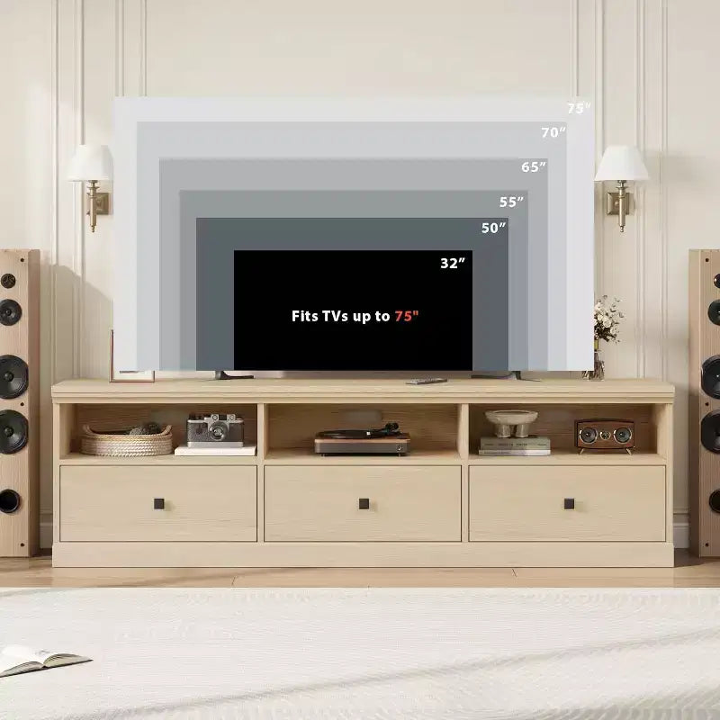 Meuble TV pour téléviseur 75 pouces, meuble de divertissement moderne du milieu du siècle avec tiroir de rangement, console multimédia en bois pour salon