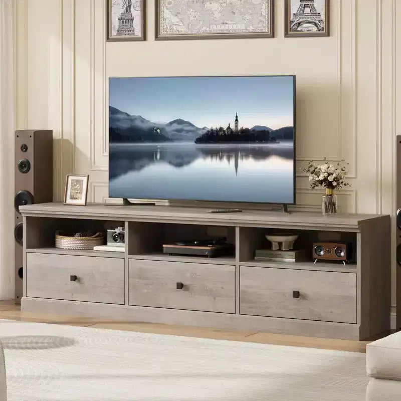 Meuble TV pour téléviseur 75 pouces, meuble de divertissement moderne du milieu du siècle avec tiroir de rangement, console multimédia en bois pour salon