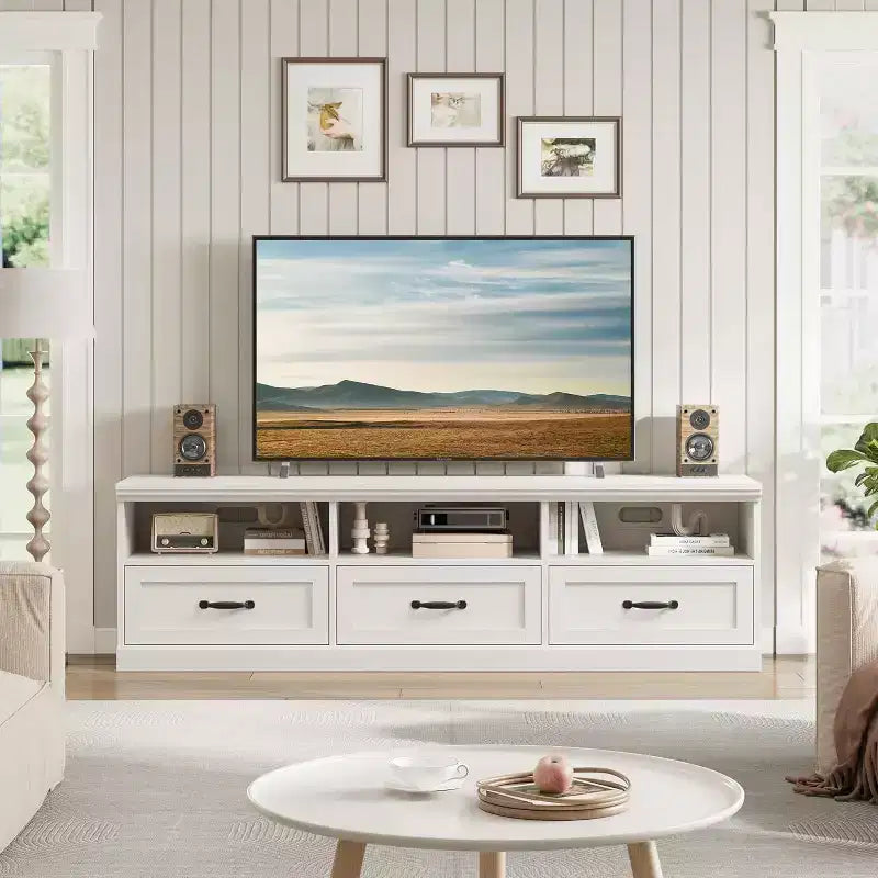 Meuble TV pour téléviseur 75 pouces, meuble de divertissement moderne du milieu du siècle avec tiroir de rangement, console multimédia en bois pour salon
