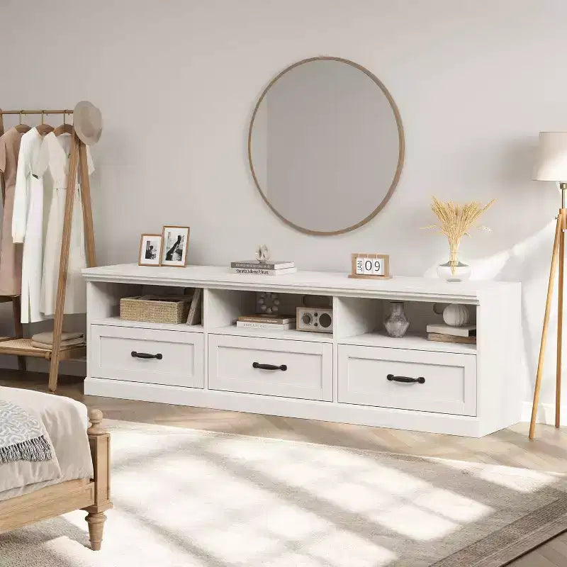 Meuble TV pour téléviseur 75 pouces, meuble de divertissement moderne du milieu du siècle avec tiroir de rangement, console multimédia en bois pour salon