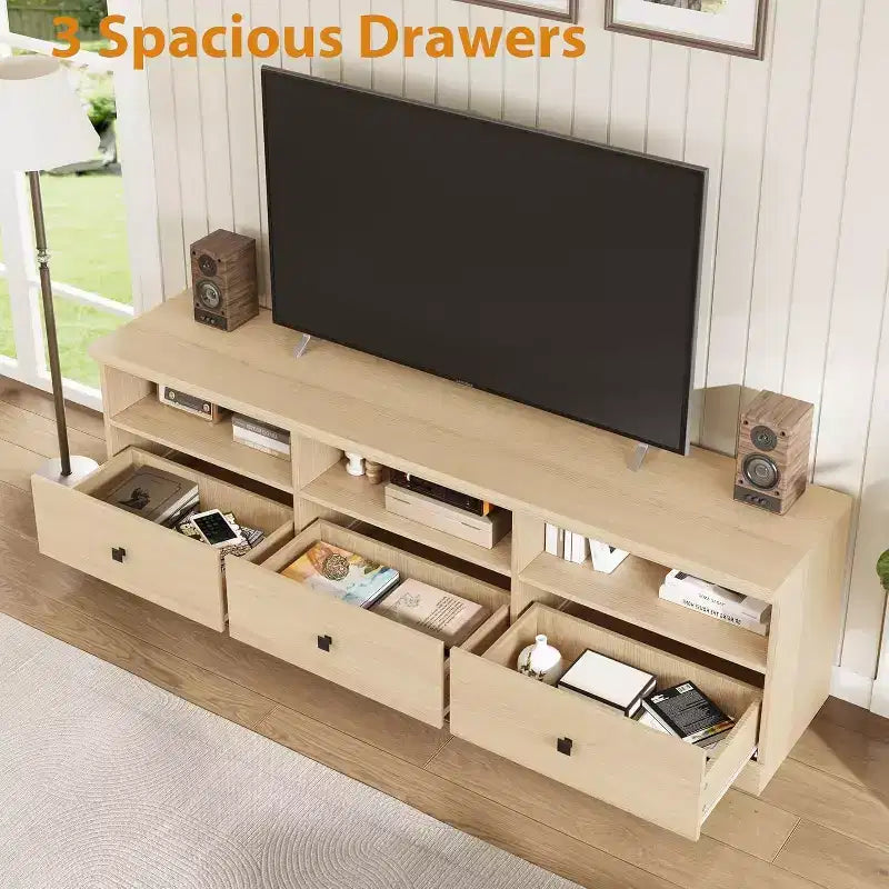 Meuble TV pour téléviseur 75 pouces, meuble de divertissement moderne du milieu du siècle avec tiroir de rangement, console multimédia en bois pour salon