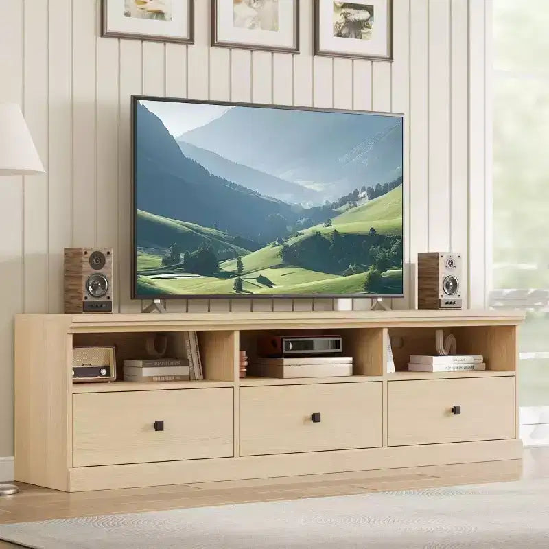 Meuble TV pour téléviseur 75 pouces, meuble de divertissement moderne du milieu du siècle avec tiroir de rangement, console multimédia en bois pour salon