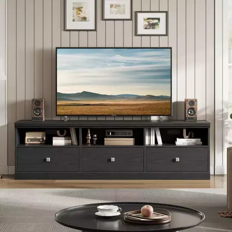 Meuble TV pour téléviseur 75 pouces, meuble de divertissement moderne du milieu du siècle avec tiroir de rangement, console multimédia en bois pour salon