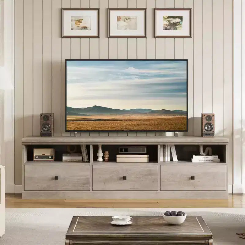 Meuble TV pour téléviseur 75 pouces, meuble de divertissement moderne du milieu du siècle avec tiroir de rangement, console multimédia en bois pour salon