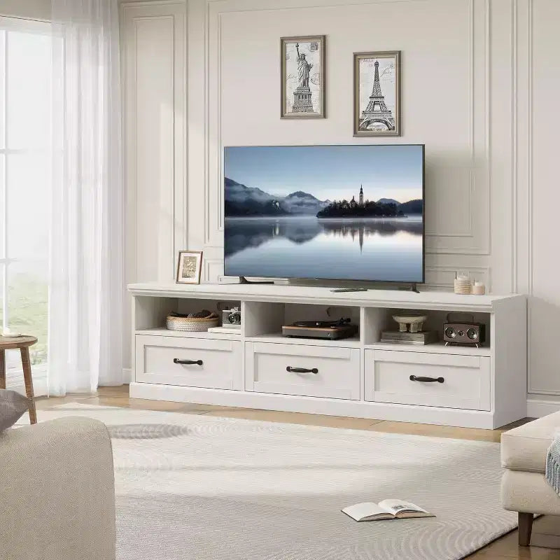 Meuble TV pour téléviseur 75 pouces, meuble de divertissement moderne du milieu du siècle avec tiroir de rangement, console multimédia en bois pour salon