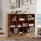 CuisinSmart Wooden 3-Tier Open Shelf Bookcase, 10 Grid Freestanding Book Shelf Storage Organizer with 5 Iron Legs for Home Office Living Room Bedroom