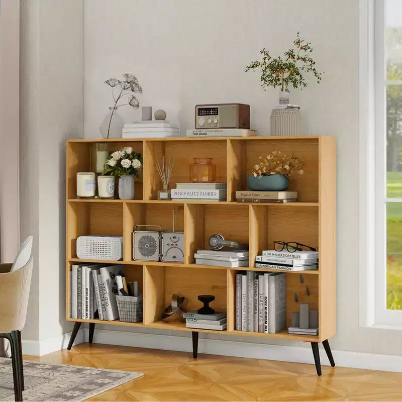 CuisinSmart Étagère ouverte à 3 niveaux en bois, bibliothèque autoportante à 10 casiers avec 5 pieds en fer pour bureau à domicile, salon ou chambre à coucher