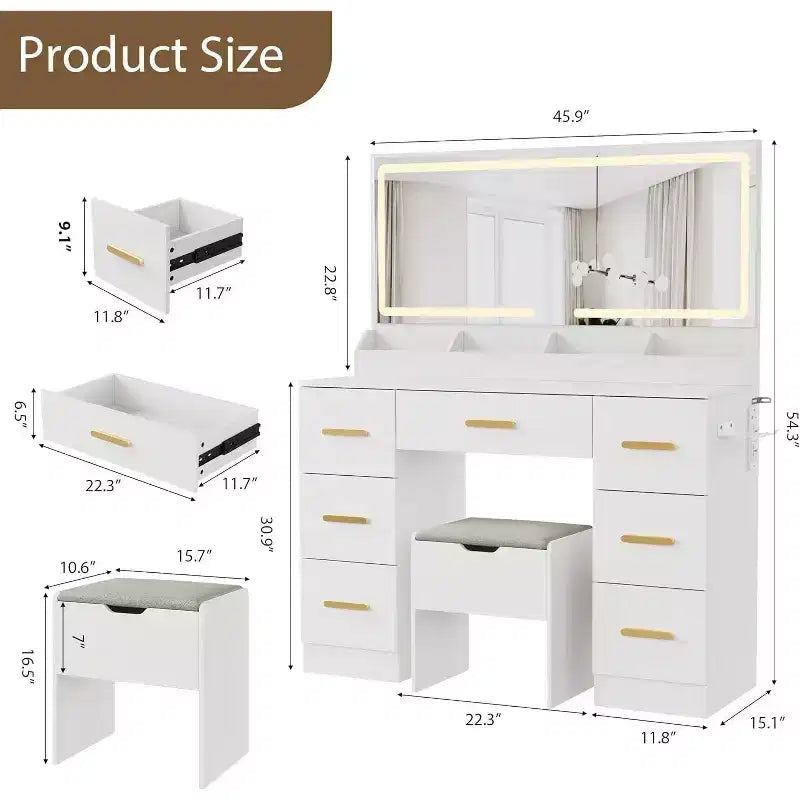 45.9 Coiffeuse avec grand miroir, 3 modes d'éclairage à luminosité réglable, 8 tiroirs, pour salle d'eau et chambre à coucher