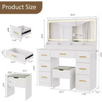 45.9 Coiffeuse avec grand miroir, 3 modes d'éclairage à luminosité réglable, 8 tiroirs, pour salle d'eau et chambre à coucher
