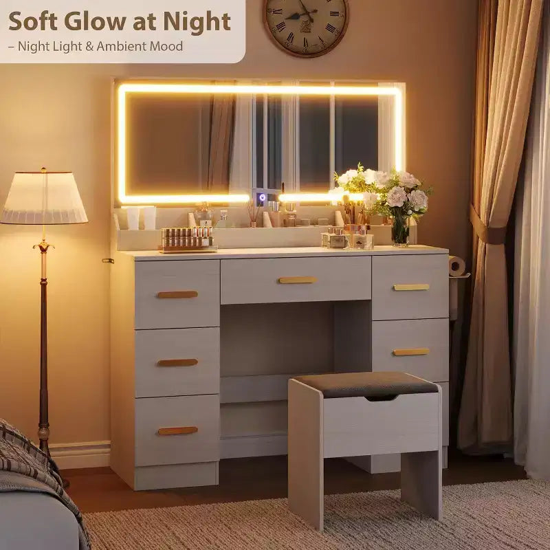 45.9 Coiffeuse avec grand miroir, 3 modes d'éclairage à luminosité réglable, 8 tiroirs, pour salle d'eau et chambre à coucher