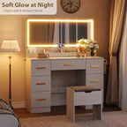 45.9 Coiffeuse avec grand miroir, 3 modes d'éclairage à luminosité réglable, 8 tiroirs, pour salle d'eau et chambre à coucher