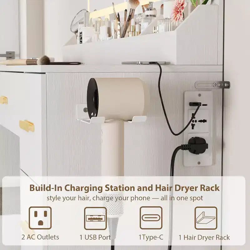 45.9 Coiffeuse avec grand miroir, 3 modes d'éclairage à luminosité réglable, 8 tiroirs, pour salle d'eau et chambre à coucher