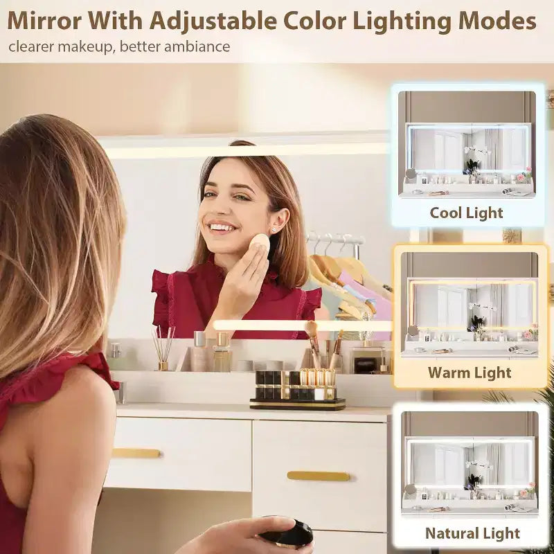 45.9 Coiffeuse avec grand miroir, 3 modes d'éclairage à luminosité réglable, 8 tiroirs, pour salle d'eau et chambre à coucher