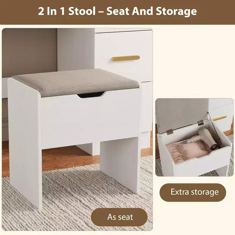 45.9 Coiffeuse avec grand miroir, 3 modes d'éclairage à luminosité réglable, 8 tiroirs, pour salle d'eau et chambre à coucher