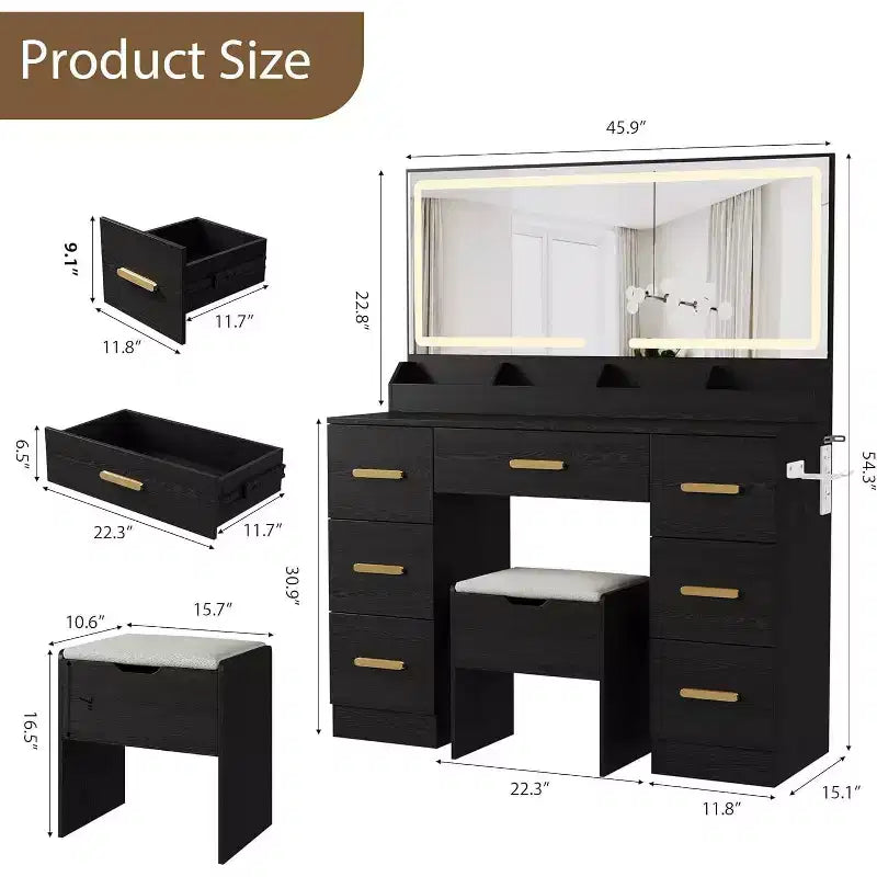 45.9 Coiffeuse avec grand miroir, 3 modes d'éclairage à luminosité réglable, 8 tiroirs, pour salle d'eau et chambre à coucher