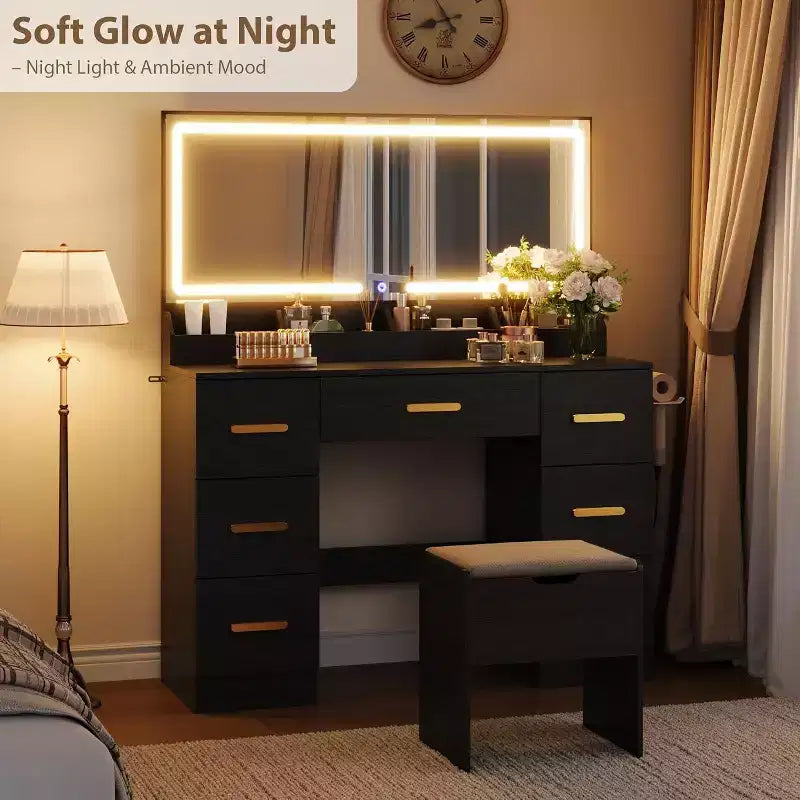 45.9 Coiffeuse avec grand miroir, 3 modes d'éclairage à luminosité réglable, 8 tiroirs, pour salle d'eau et chambre à coucher