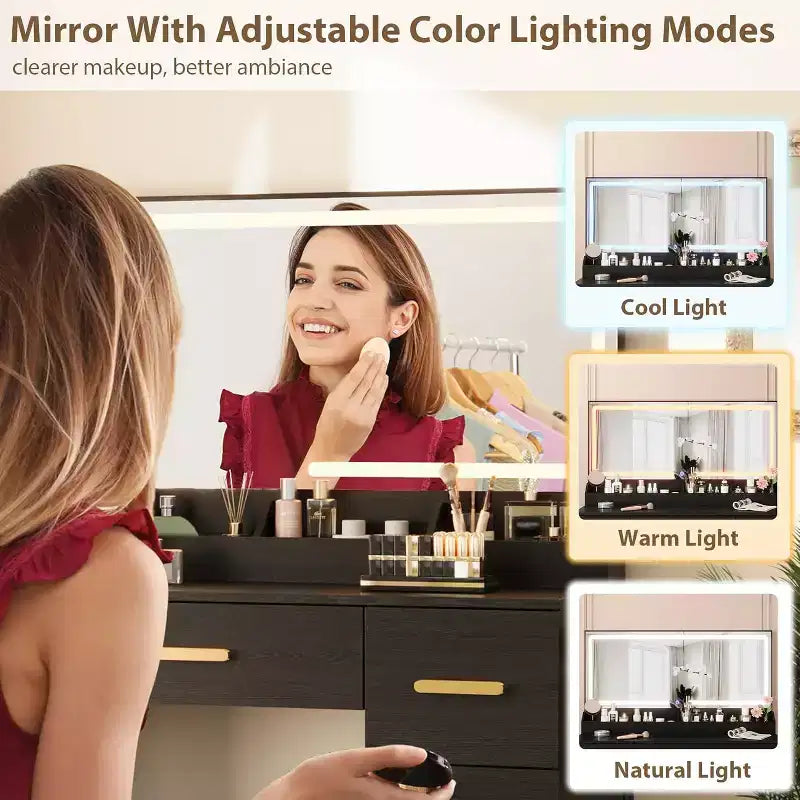 45.9 Coiffeuse avec grand miroir, 3 modes d'éclairage à luminosité réglable, 8 tiroirs, pour salle d'eau et chambre à coucher