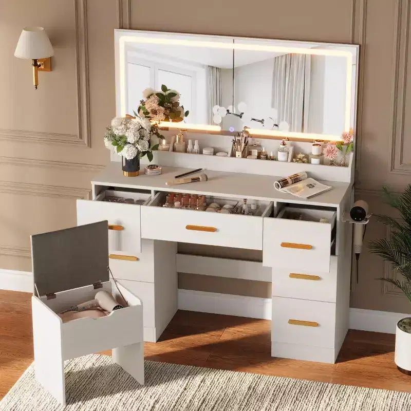 45.9 Coiffeuse avec grand miroir, 3 modes d'éclairage à luminosité réglable, 8 tiroirs, pour salle d'eau et chambre à coucher