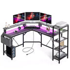 61 l-Shaped Gaming Desk, Ergonomic Computer Desk, with 5-Tier Shelves, LED, Power Outlet & Storage Bag
