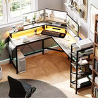 Bureau de gaming en L de 155 cm, bureau d'ordinateur ergonomique, avec étagères à 5 niveaux, LED, prise de courant et sac de rangement