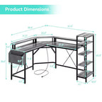 Bureau de gaming en L de 155 cm, bureau d'ordinateur ergonomique, avec étagères à 5 niveaux, LED, prise de courant et sac de rangement