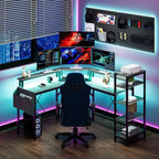 Bureau de gaming en L de 155 cm, bureau d'ordinateur ergonomique, avec étagères à 5 niveaux, LED, prise de courant et sac de rangement