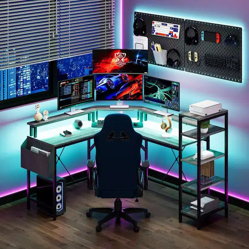 Bureau de gaming en L de 155 cm, bureau d'ordinateur ergonomique, avec étagères à 5 niveaux, LED, prise de courant et sac de rangement
