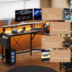 Bureau de gaming en L de 155 cm, bureau d'ordinateur ergonomique, avec étagères à 5 niveaux, LED, prise de courant et sac de rangement