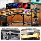 Bureau de gaming en L de 155 cm, bureau d'ordinateur ergonomique, avec étagères à 5 niveaux, LED, prise de courant et sac de rangement